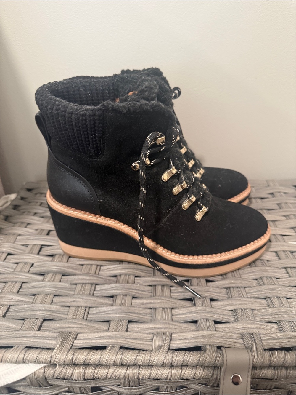 kate spade Black Suede Wedge Lace-Up Ankle Boots with Tan Trim